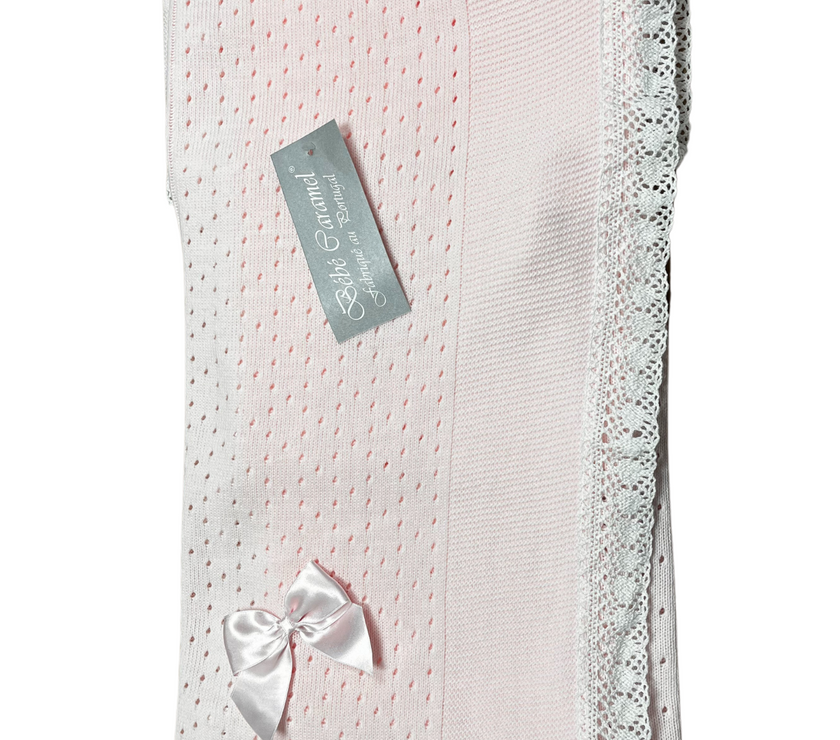 Couverture Bébé en Maille avec Nœud et Dentelle - Rose
