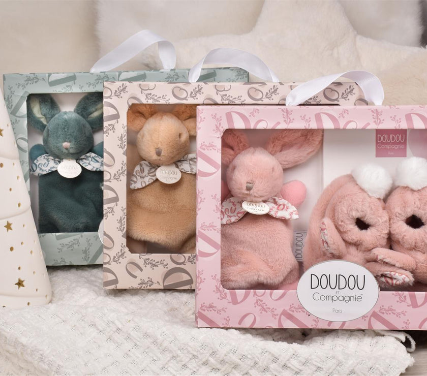 DOUDOU LAPIN - Coffret Chaussons et Doudou Vert Sauge