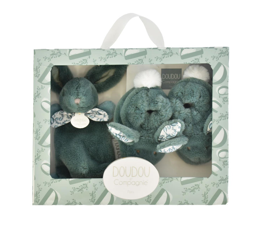 DOUDOU LAPIN - Coffret Chaussons et Doudou Vert Sauge