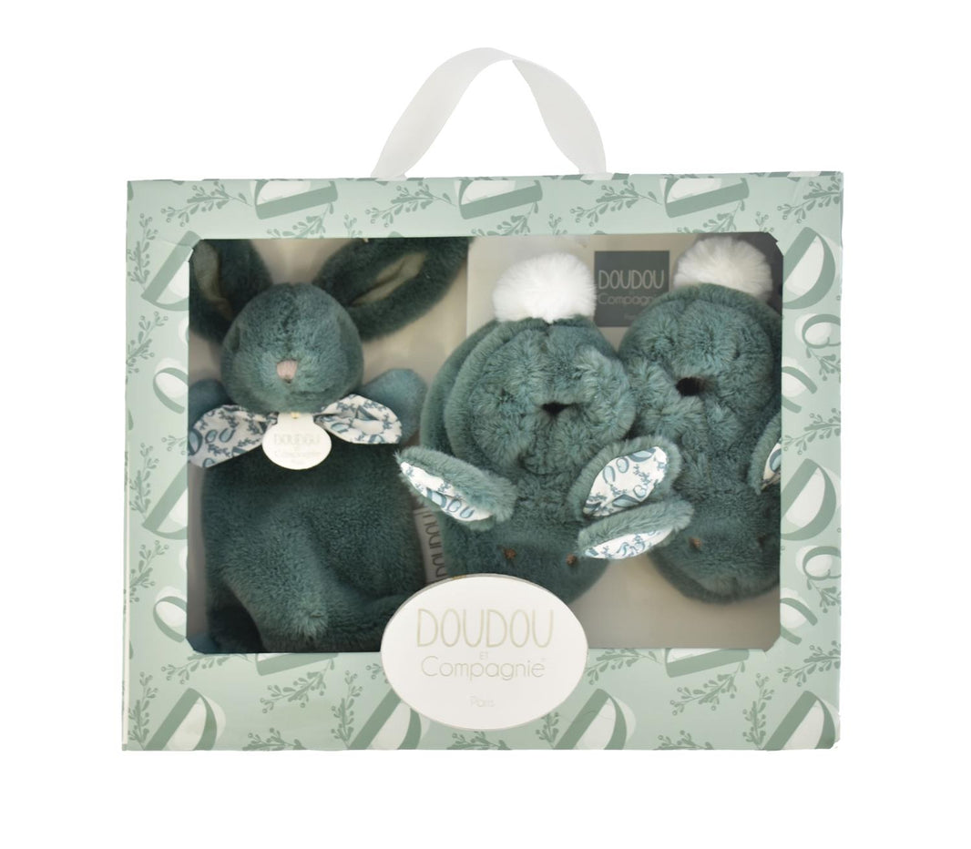 DOUDOU LAPIN - Coffret Chaussons et Doudou Vert Sauge