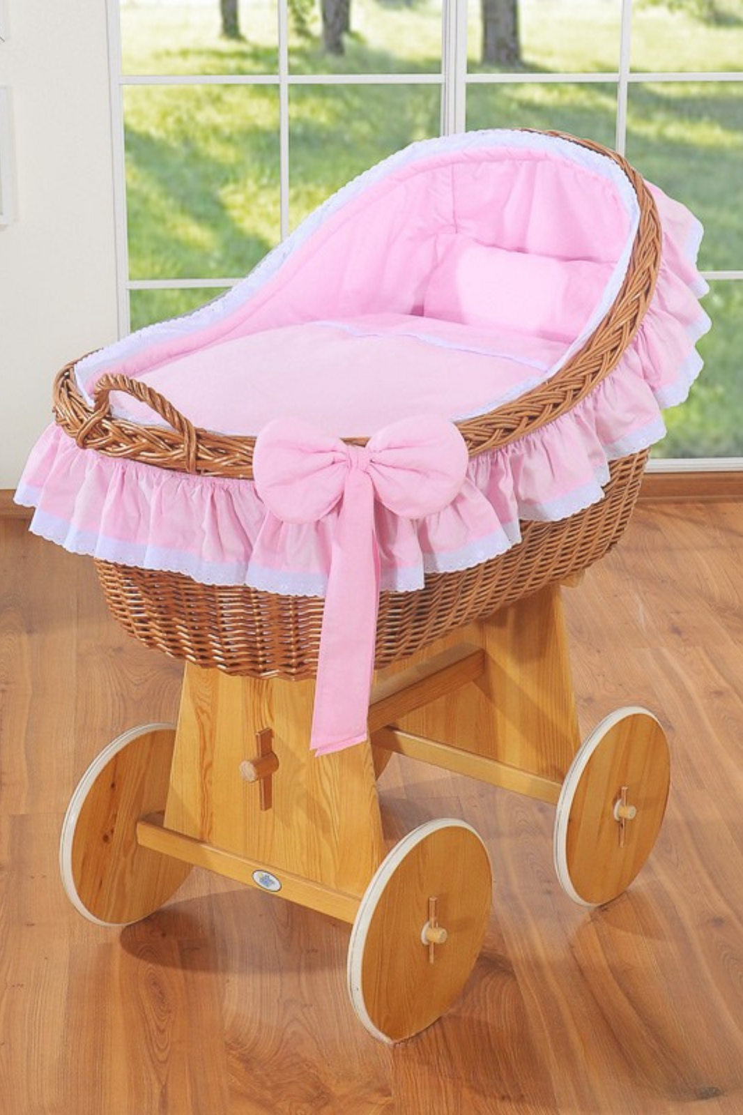 Carina Natural Wooden Crib + Pink Bedding