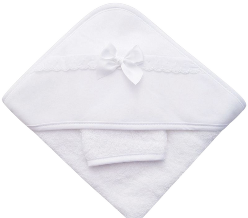 Sortie de Bain Bébé Éponge Blanche avec dentelle et Nœud