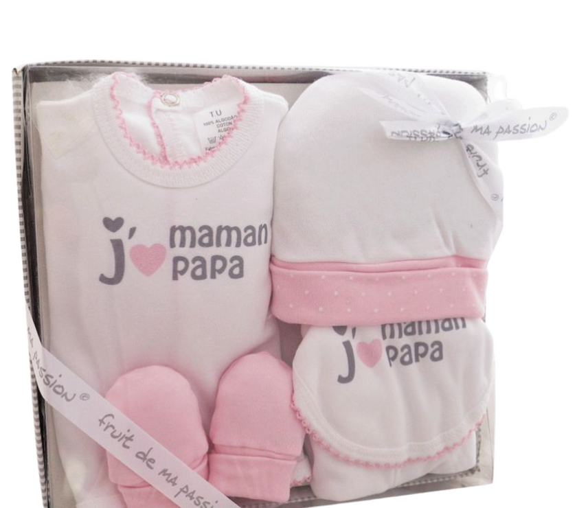 Coffret Naissance 5 Pièces en 100% Coton « J'aime Maman Papa »