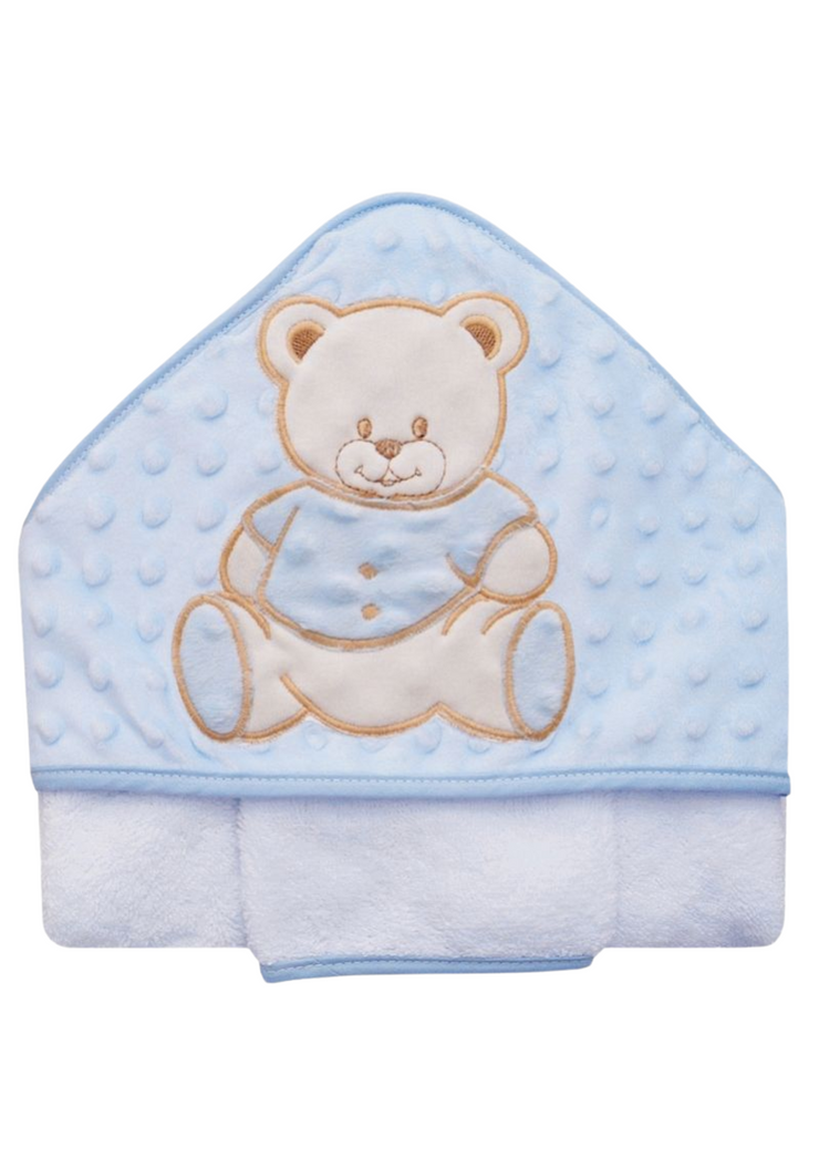 Cape de bain en éponge minky brodé OURSON - Bleu