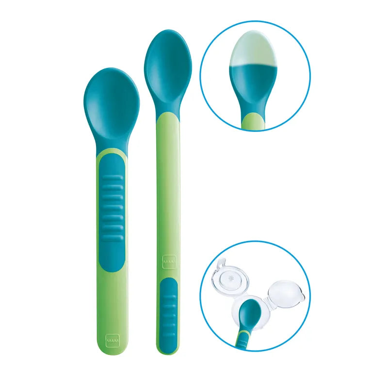 Mam Lot de 2 cuillères thermosensibles + 1 étui VERT