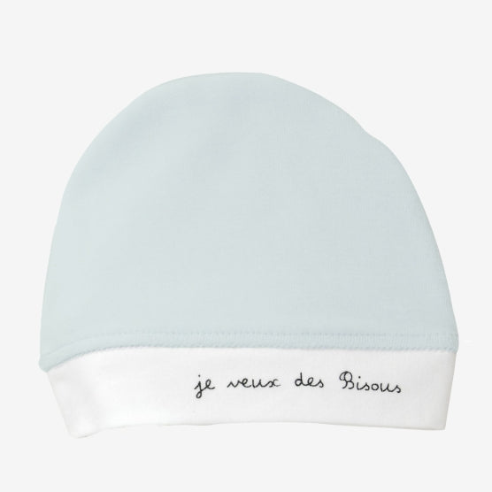Bonnet naissance "je veux des Bisous" -bleu