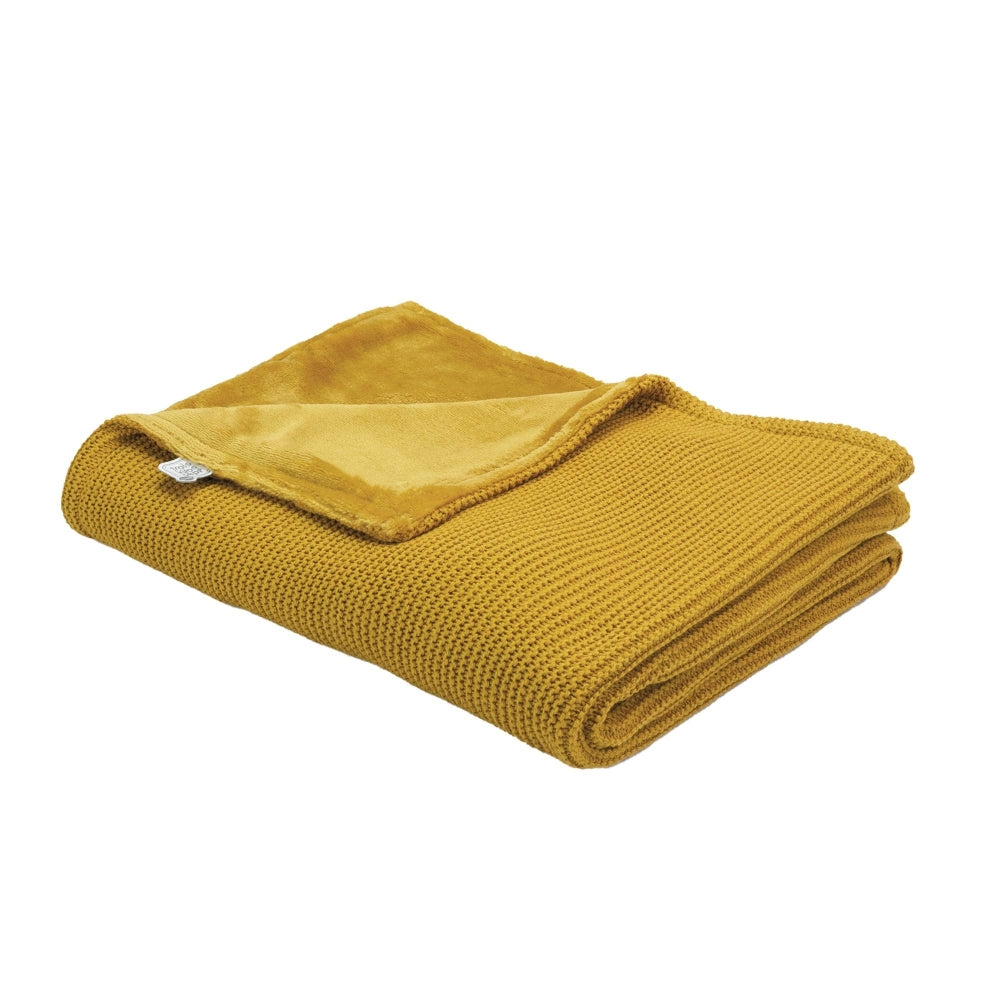 Couverture bébé - tricot et flanelle Mustard