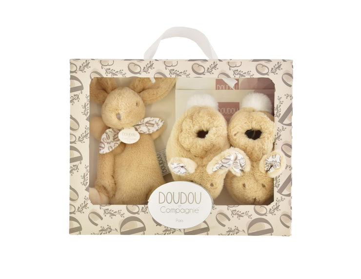 DOUDOU LAPIN - Coffret Chaussons et Doudou Beige - Mode Bébé Claye