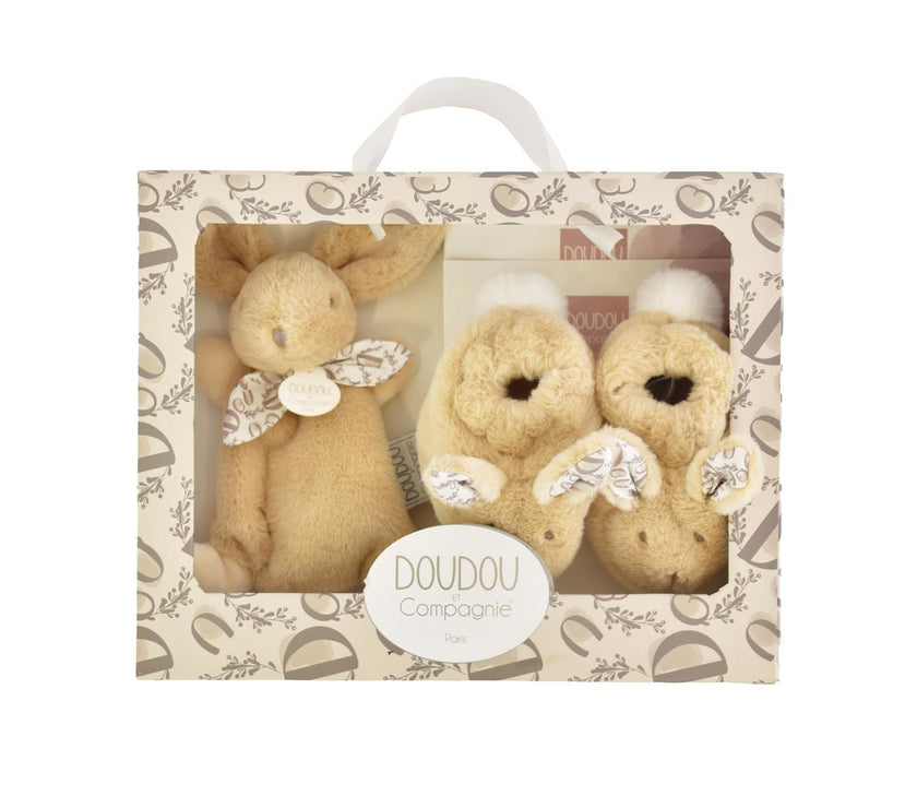 DOUDOU LAPIN - Coffret Chaussons et Doudou Beige - Mode Bébé Claye