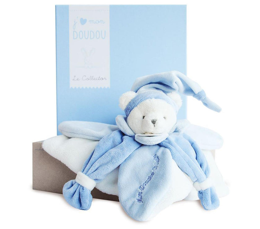 Doudou plat Ours Collector bleu - 24 cm - Mode Bébé Claye