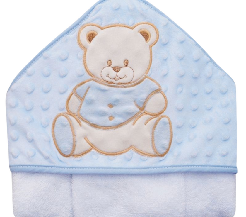 Cape de bain en éponge minky brodé OURSON - Bleu - Mode Bébé Claye