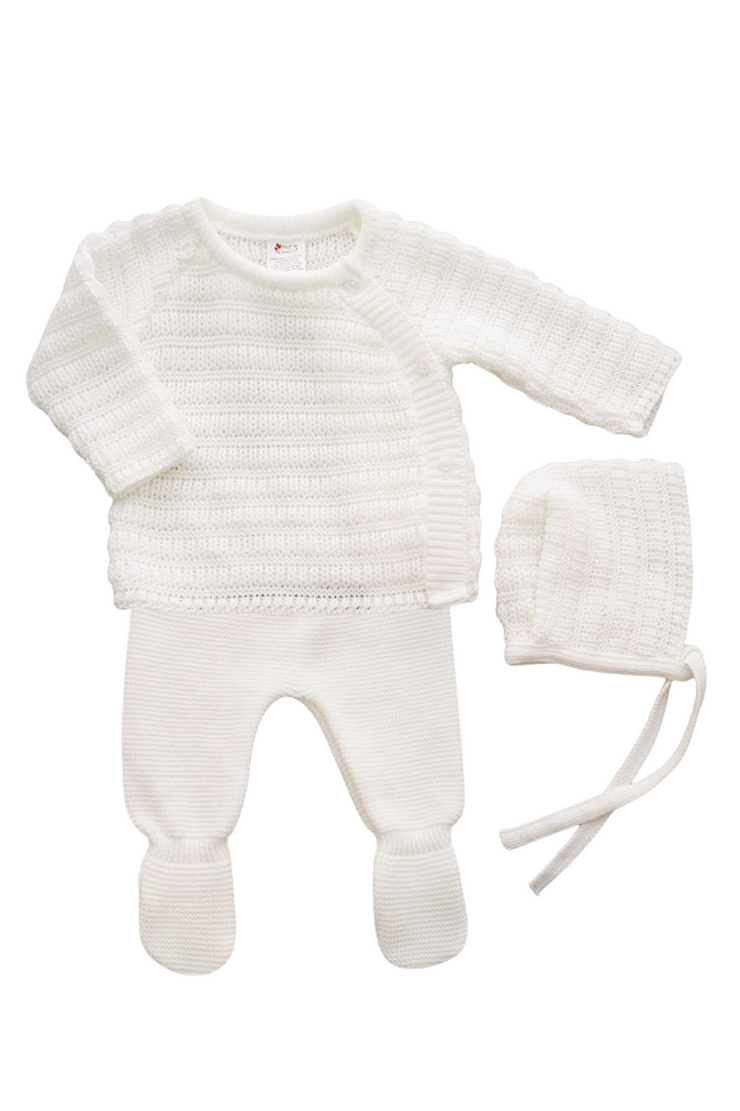 Ensemble de Naissance (0-3 mois) Mixte Unisexe Bébé - 3 Pièces en Tricot Maille Blanche - Mode Bébé Claye