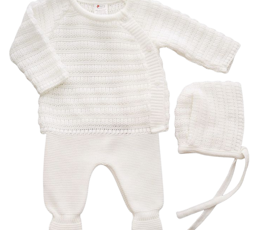 Ensemble de Naissance (0-3 mois) Mixte Unisexe Bébé - 3 Pièces en Tricot Maille Blanche - Mode Bébé Claye