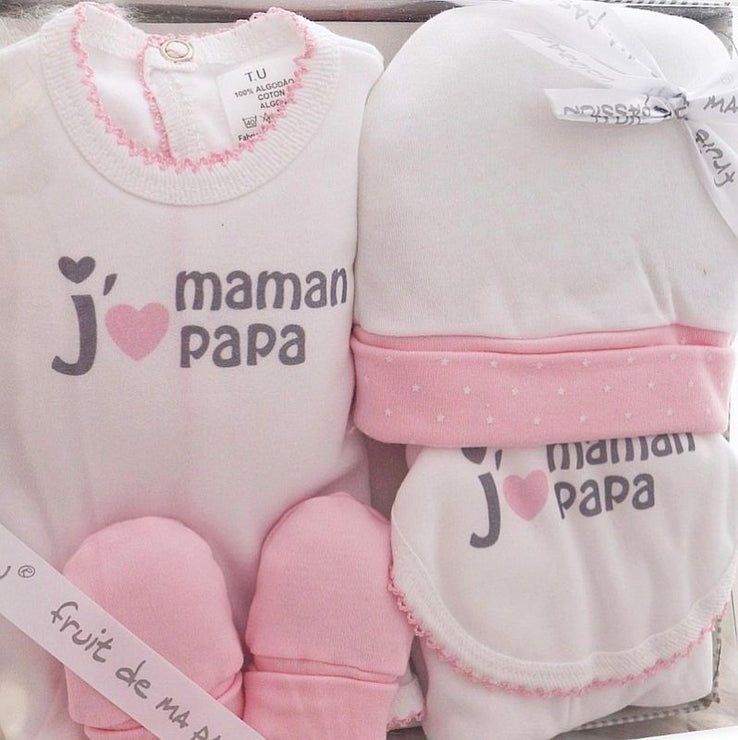 Coffret Naissance 5 Pièces en 100% Coton « J'aime Maman Papa » - Mode Bébé Claye