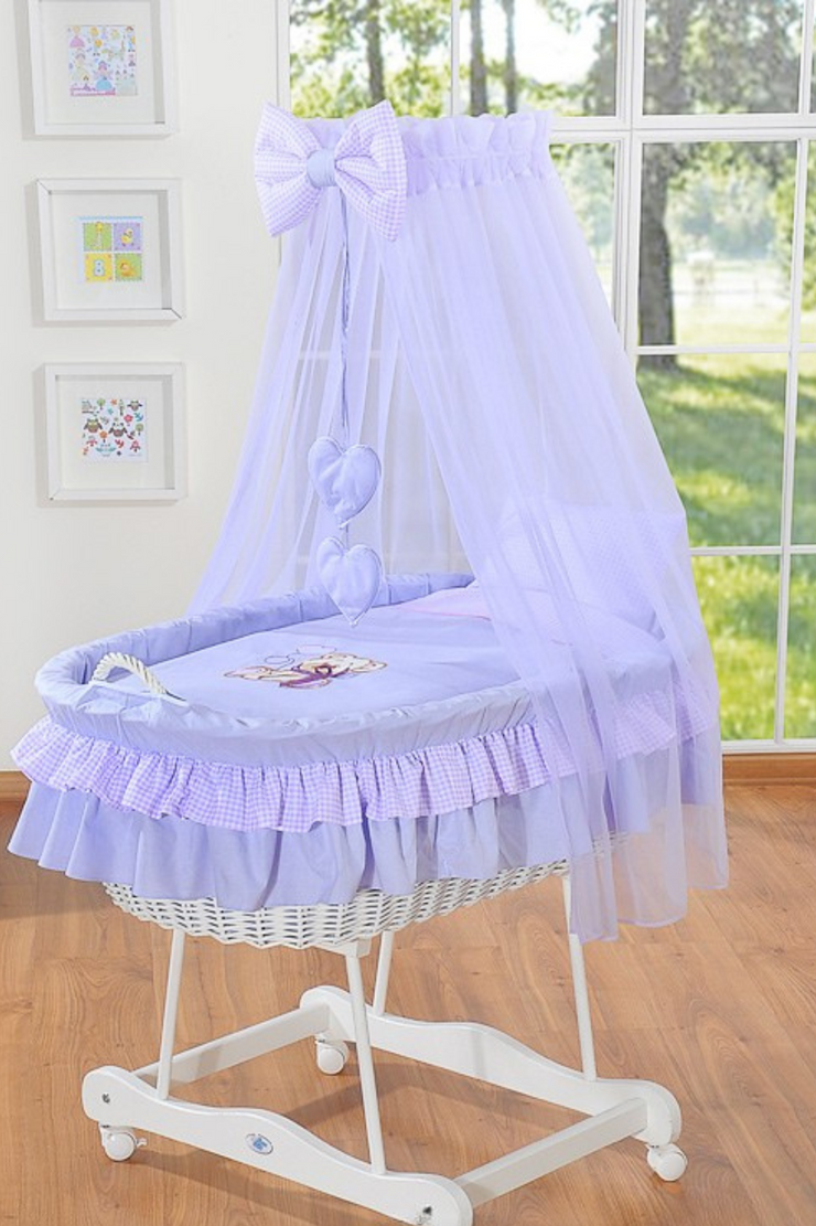 Berceau en osier avec baldaquin - Ours avec Nœud - Lilas - Mode Bébé Claye