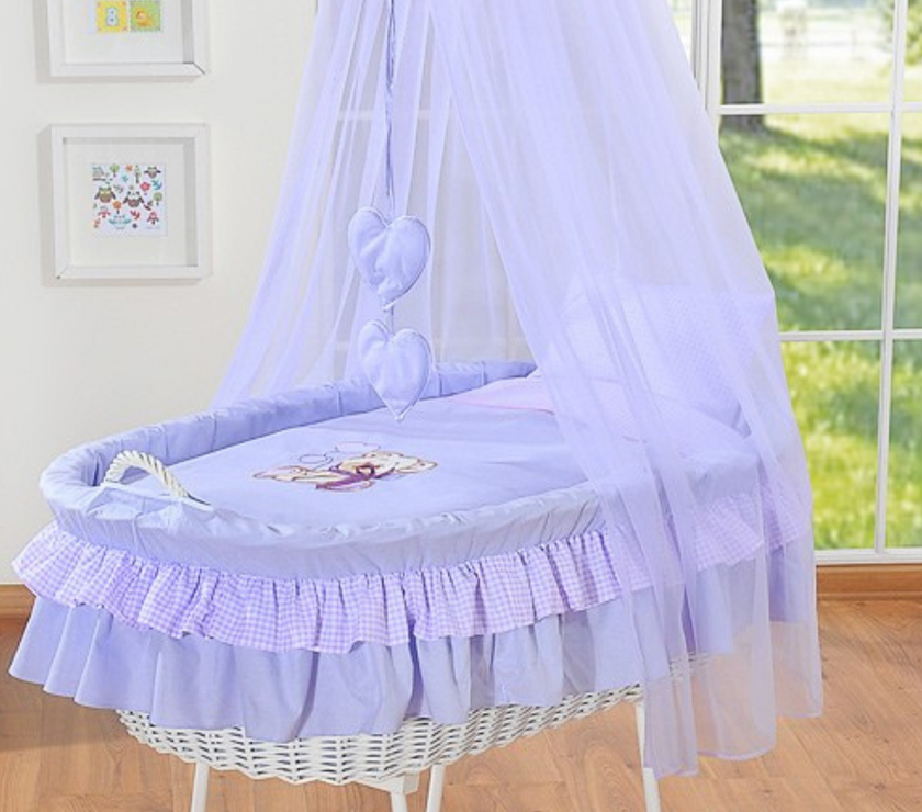 Berceau en osier avec baldaquin - Ours avec Nœud - Lilas - Mode Bébé Claye