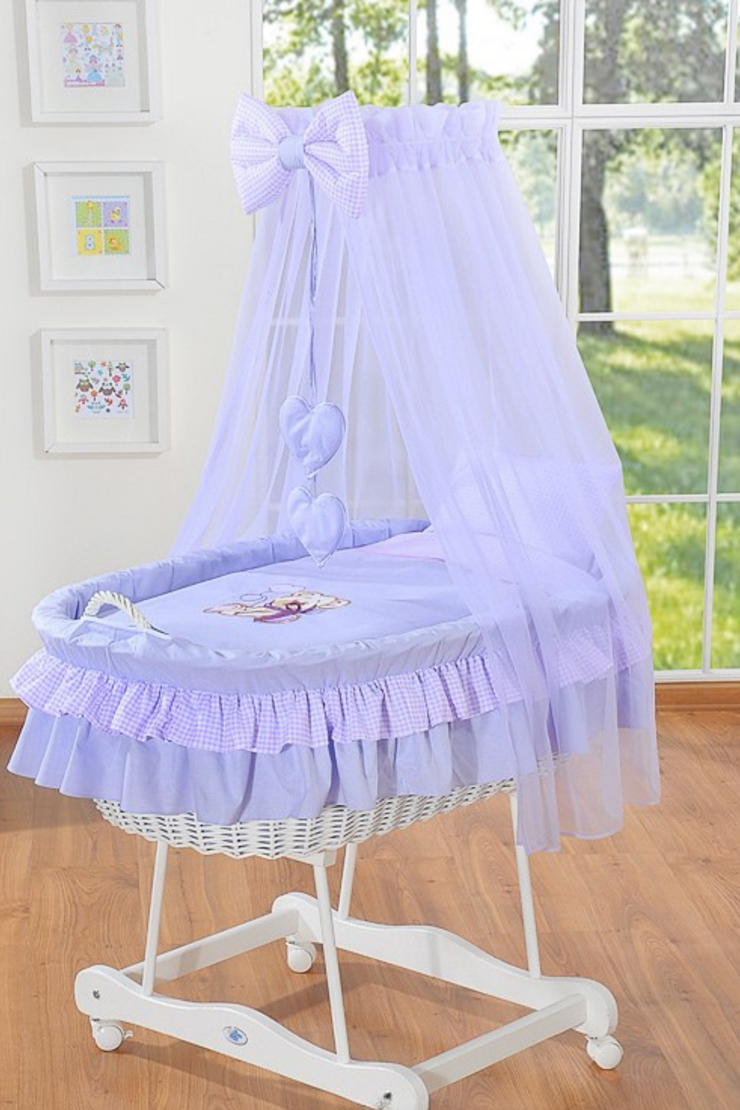 Berceau en osier avec baldaquin - Ours avec Nœud - Lilas - Mode Bébé Claye