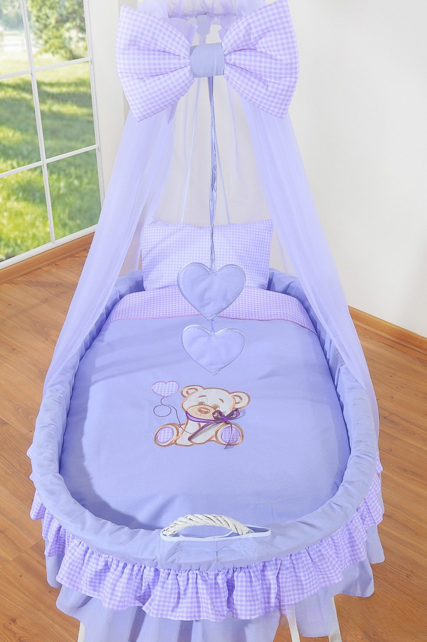 Berceau en osier avec baldaquin - Ours avec Nœud - Lilas - Mode Bébé Claye