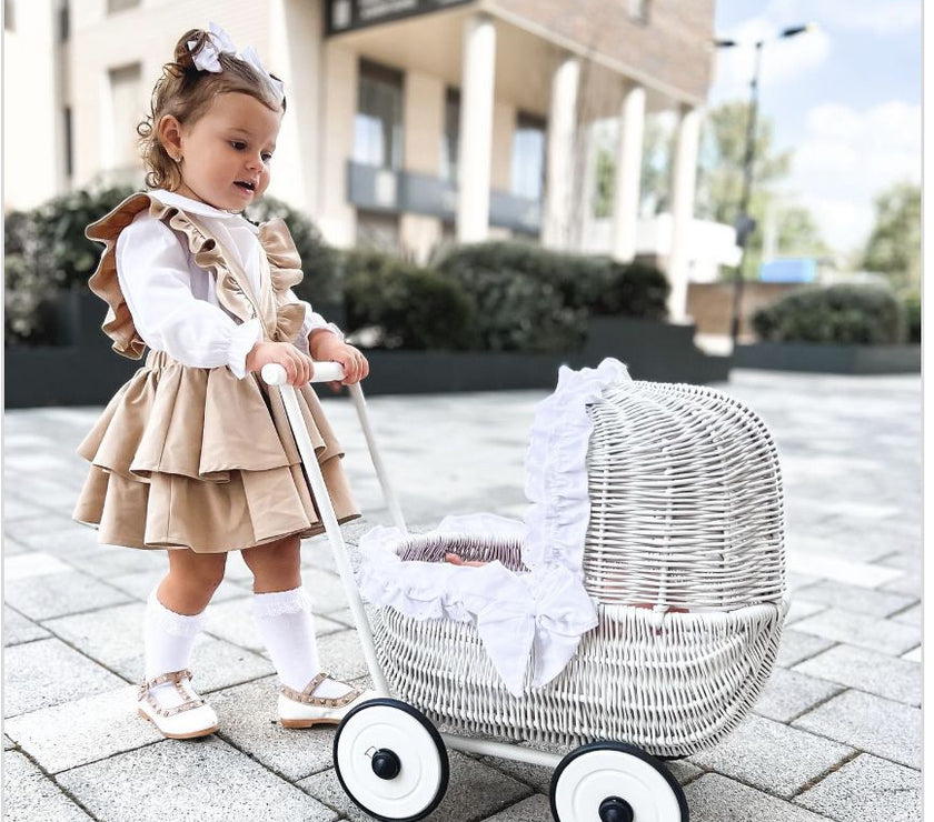 Landau en Osier pour Poupée avec Literie - Blanc Naturel - Mode Bébé Claye