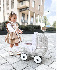 Landau en Osier pour Poupée avec Literie - Blanc Naturel - Mode Bébé Claye