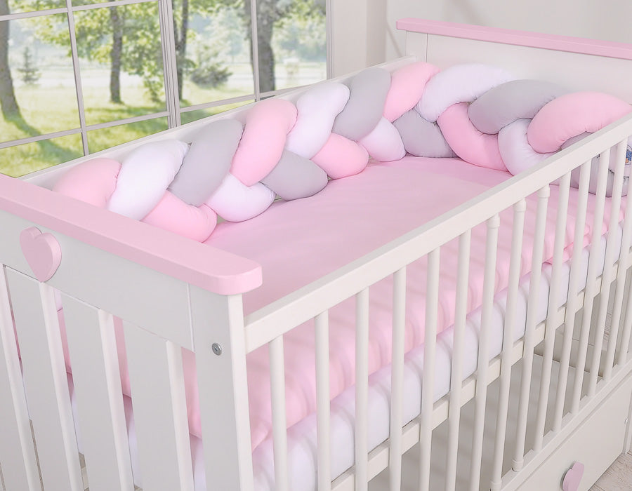 Tour De Lit Tressé blanc-gris-rose poudré - Mode Bébé Claye