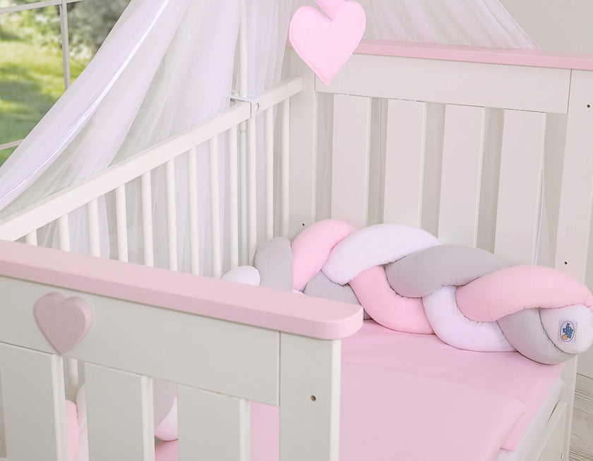 Tour De Lit Tressé blanc-gris-rose poudré - Mode Bébé Claye