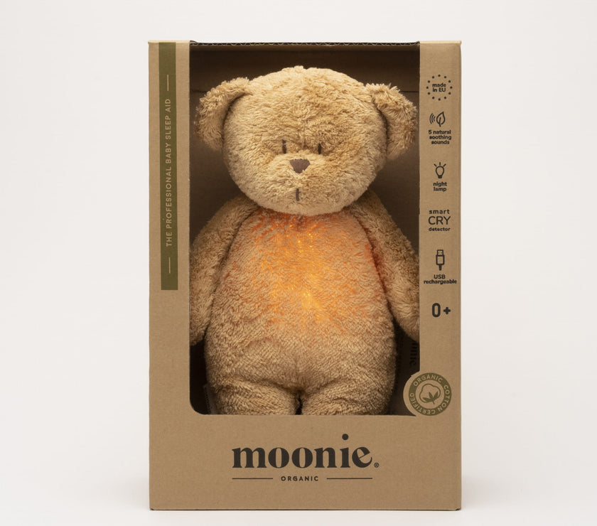 Moonie – ourson nature bio avec sons & lumières caramel - Mode Bébé Claye