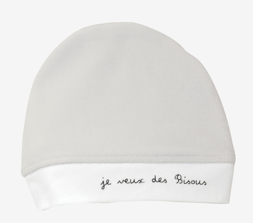 Bonnet naissance "je veux des Bisous" - Gris - Mode Bébé Claye