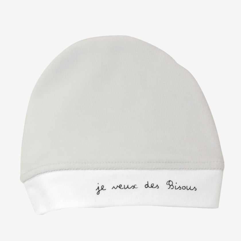 Bonnet naissance "je veux des Bisous" - Gris - Mode Bébé Claye