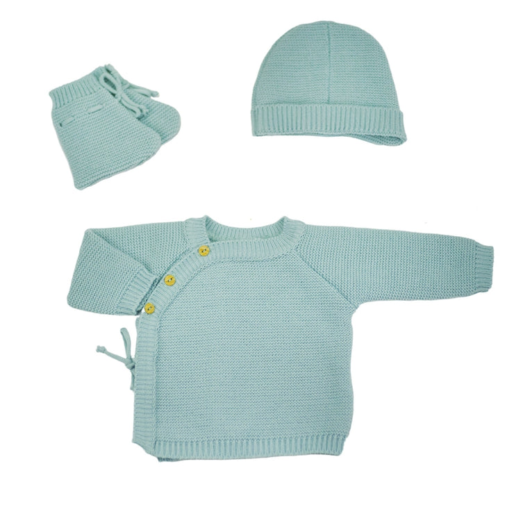 Brassière naissance chaussons et bonnet sauge - Mode Bébé Claye