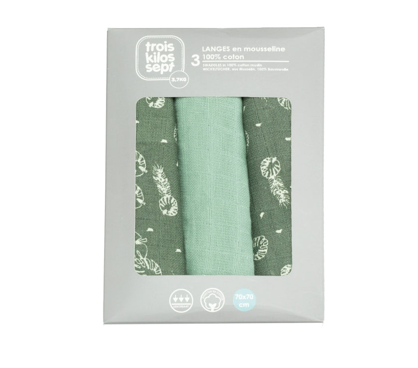 Lot de 3 langes bébé 70x70cm - Feuilles - Mode Bébé Claye