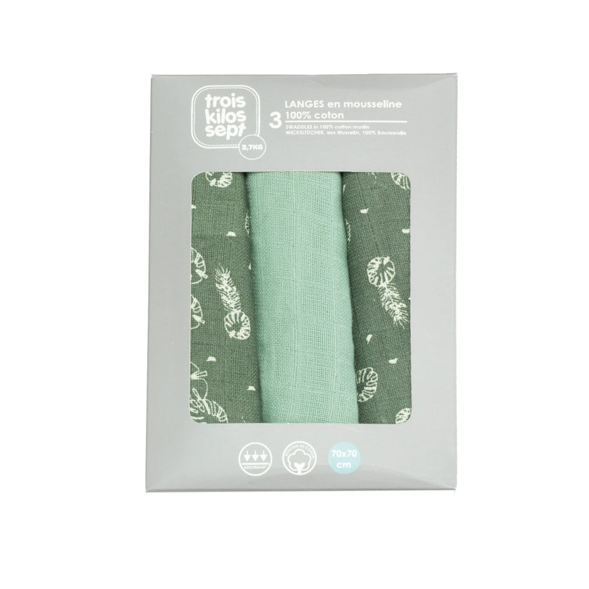 Lot de 3 langes bébé 70x70cm - Feuilles - Mode Bébé Claye