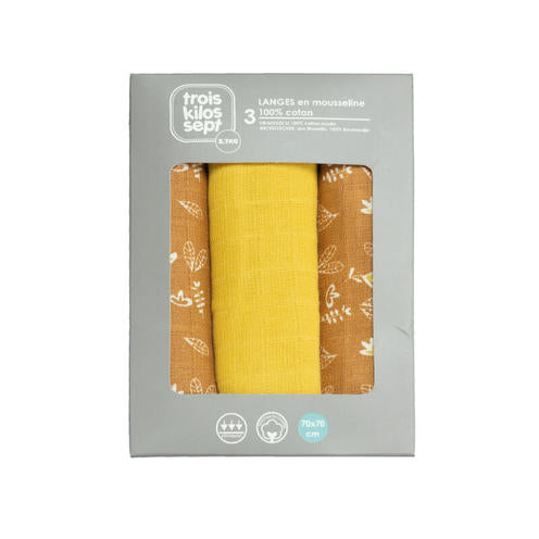 Lot de 3 langes Camel et fleuris - 70x70cm - Mode Bébé Claye