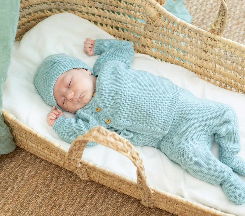 Blue baby bra with booties and hat