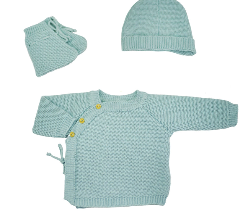 Blue baby bra with booties and hat