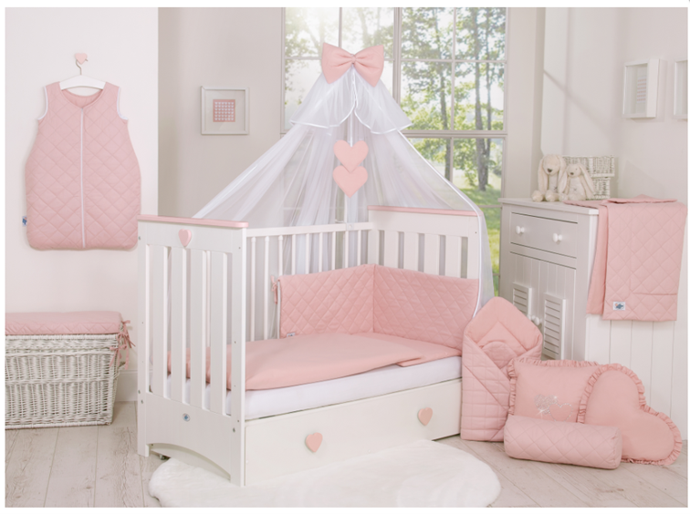 Parure lit bébé 5 pièces avec ciel de lit - Jolis oiseaux rose